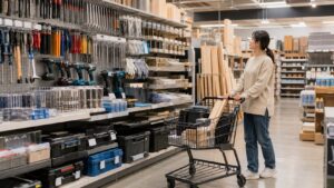 ホームセンターの工具売り場で工具箱や木材、電動工具をまとめて選ぶ日本人女性
