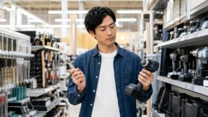 ホームセンターの工具売り場で電動工具とレンチを比較しながら選ぶ日本人男性