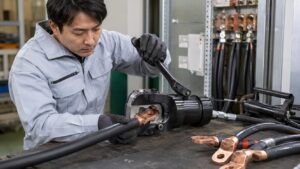 60sqクラスの太い電線を油圧圧着工具で圧着する電気設備作業