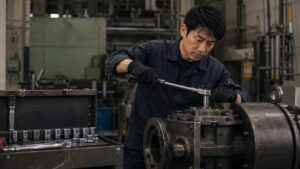 工場保全で大型機械を整備する日本人作業者とプロ用工具