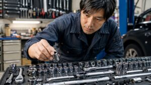 コーケン工具を検討する整備士がソケットとラチェットを選ぶ様子