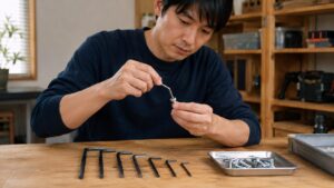 L字型六角レンチを使ってボルトを締める日本人男性とサイズ別に並んだ六角レンチ