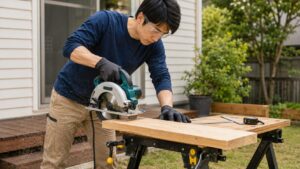 屋外で丸ノコを使い大型工具を試す日本人男性
