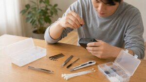 精密ドライバーや六角レンチなど、100均でもそろえやすい工具で軽作業をしている様子