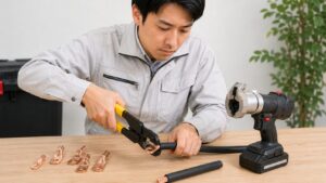 8sq電線を手動圧着工具で圧着し電動油圧式工具も比較する作業風景