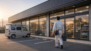 早朝の工具プロショップに作業車で立ち寄る日本人職人