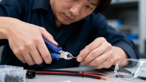 ニッパーで銅線を切断する電気工作作業のイメージ
