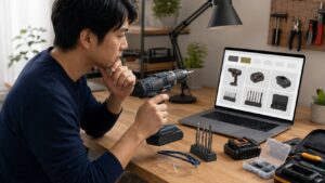 自宅で電動工具と通販サイトを見比べて価格や付属品を確認する日本人男性
