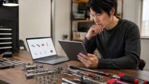 工具を机に並べ、日本人男性がタブレットで価格や仕様を比較しながら通販で調べている様子