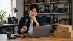 通販型の工具販売店で工具を比較検討する日本人男性