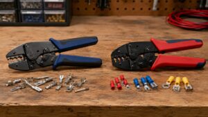 オープンバレル端子用工具と絶縁端子用工具の違いを比較した作業台