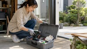 屋外DIYで工具コンテナに電動工具や手袋を入れて持ち出す日本人女性