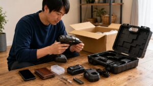 届いた電動工具を開封し、バッテリーや充電器など付属品の有無を確認する日本人男性