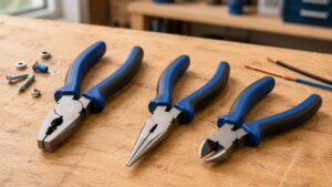 作業台に並べられたプライヤー・ラジオペンチ・ニッパーを比較する工具選びのイメージ