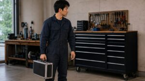 持ち運び用工具ケースと据え置き用ツールチェストを比較する作業場