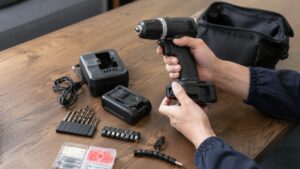 電動ドライバーの本体とバッテリー、充電器、ビットを確認している様子