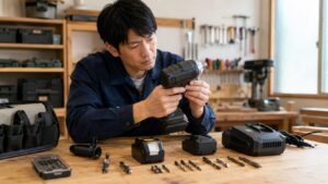 電動工具のバッテリーや付属品を作業台で確認する日本人男性