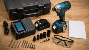 電動工具本体とバッテリー、充電器、ビット、保護メガネを並べた工具セット確認イメージ