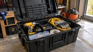 フタ付き工具コンテナに電動工具や延長コード、小物ケースをまとめて収納したガレージ作業場