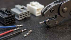 025型端子向けの精密な圧着工具と小型カプラー端子の接写