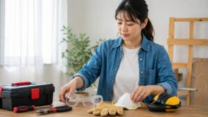 作業前に保護メガネや防じんマスクなどの安全用品をそろえる日本人女性
