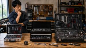 プロ用工具セットを比較する日本人作業者と整備用工具一式