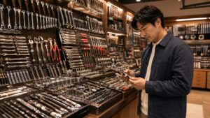 工具専門店でラチェットやソケットを確認しながら工具を選ぶ日本人男性