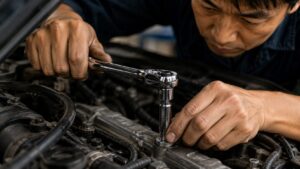 高品質なプロ用工具セットを使って車を整備する日本人メカニック