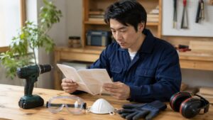 電動工具の取扱説明書を読みながら保護具を準備する日本人男性