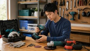 レンタル工具の付属品と保護具を確認する日本人男性