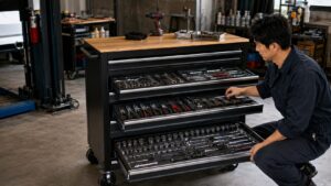 整然と収納された工具が並ぶ大型ローラーキャビネット