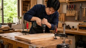 日本人男性がクランプで固定した木材に電動ドリルで穴あけする安全なDIY作業風景