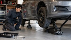 低床ジャッキとジャッキスタンドで安全に車を持ち上げる整備作業
