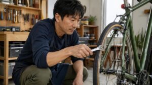 自転車整備でスパナを使いナットを調整する日本人男性