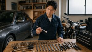 車とバイク整備向けのストレート工具を作業台で確認する日本人男性