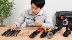 太い電線の導体断面積と裸圧着端子の適合を確認する作業者