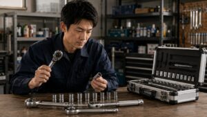 TONE工具のラチェットとソケットを確認する日本人整備士