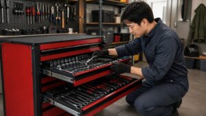 工具キャビネットの引き出しにレンチやソケットを整理する日本人男性