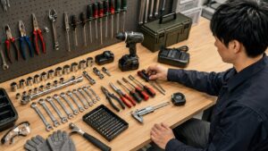 作業工具や電動工具、測定用品をワークベンチで選ぶ様子