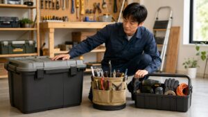 工具入れコンテナ・バケツ・バスケットを比較しながら、ガレージでDIY工具を整理する日本人男性