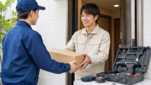 工具通販で注文した工具を自宅で受け取る日本人男性と配送スタッフ
