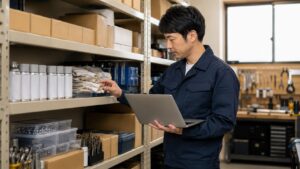 工具と消耗品の在庫を確認しながら購入履歴を管理する日本人作業者