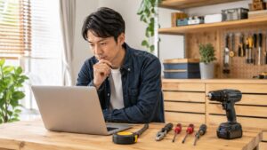 工具通販サイトを比較しながらノートパソコンで価格や送料を確認する日本人男性