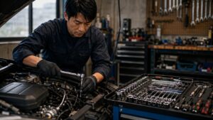 ボルトに正確にかかるラチェットとソケットで工具精度を確認する整備作業