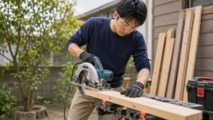 丸ノコを安全装備で使う日本人男性のDIY作業風景