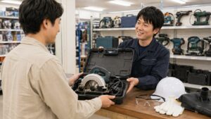 使用頻度の低い電動工具をレンタル店で借りる日本人男性とスタッフ