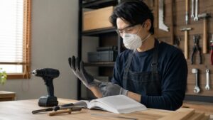 日本人男性が保護メガネと防じんマスク、作業手袋を着用して工具作業の準備をしている様子