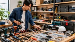 作業台に並んだ電動工具や手工具を見比べて用途に合う工具を選ぶ日本人男性