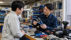 工具プロショップでスタッフに圧着工具の使い方を相談する日本人男性