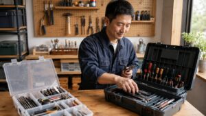 工具箱と収納ケースを使って基本工具を整理する日本人男性